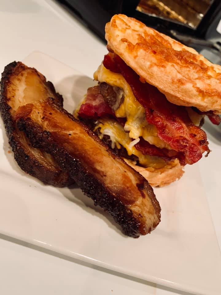 Bacon double cheeseburgers and smoked pork belly. (Without Bread)
