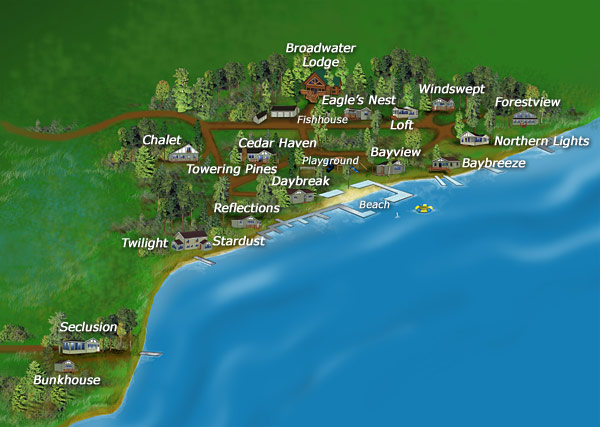 Broadwater Lodge resort and cabin layout